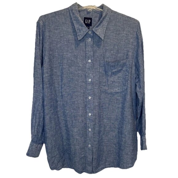 Gap Women’s Chambray Blue Linen Blend Button Down Blouse Top XL Coastal Travel - Picture 1 of 8